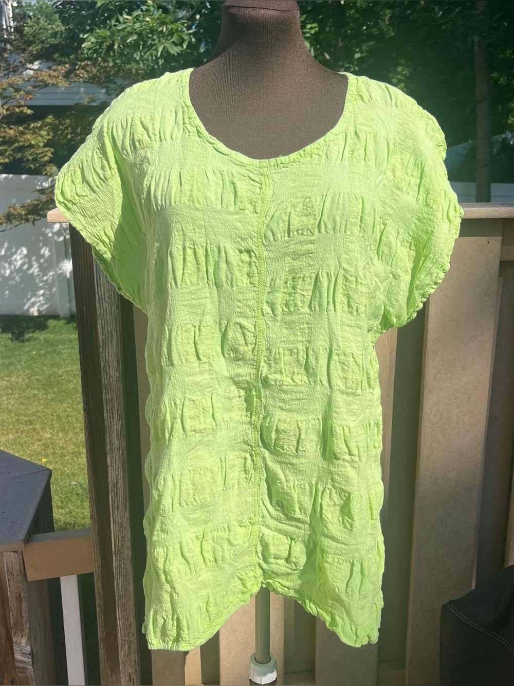 FLAX Cap Sleeve Feather Tee Lime Green Lagenlook Oversized Size S Colorful